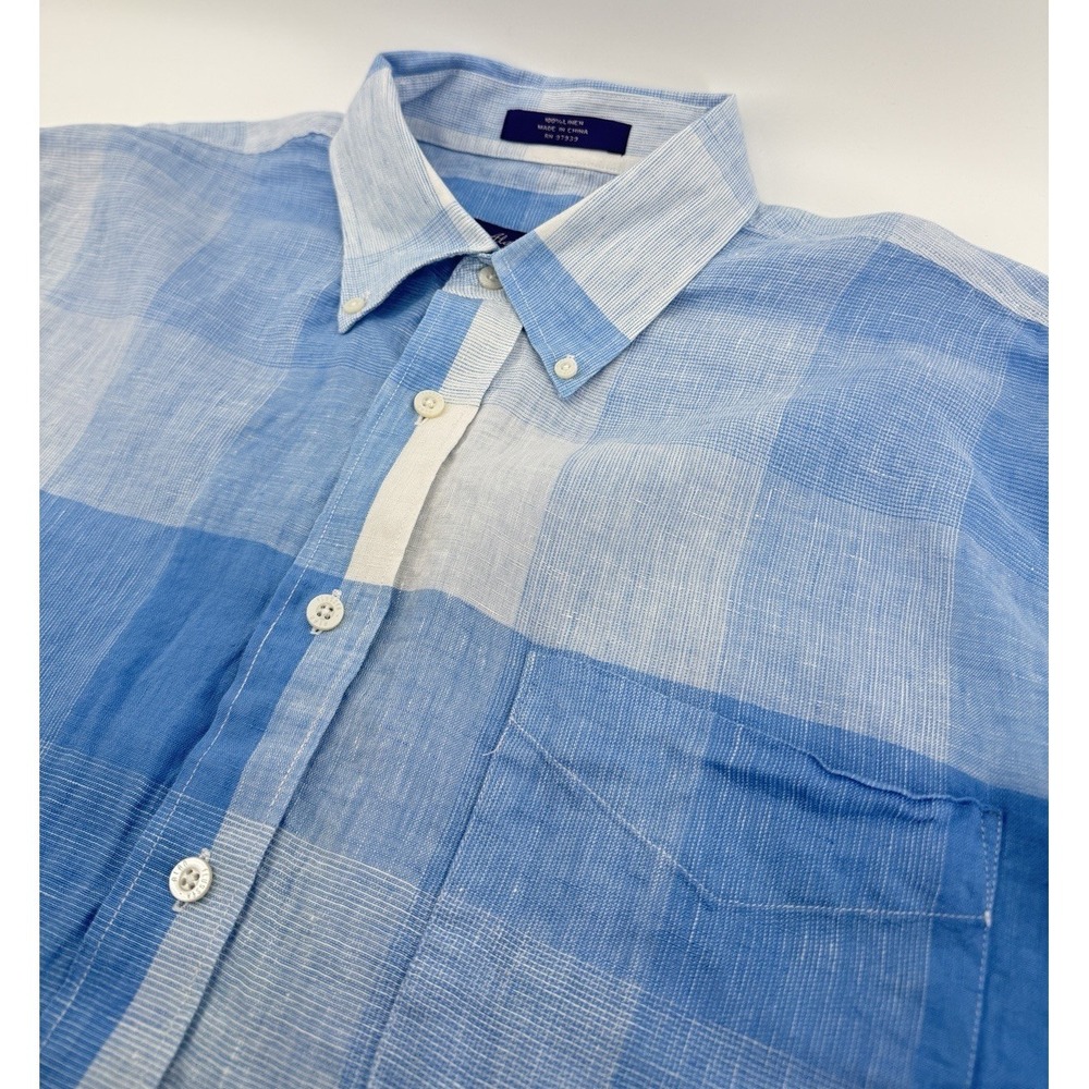 Alan Flusser Blue White Plaid Linen Blend Long Sleeve Button Down Shirt XL
